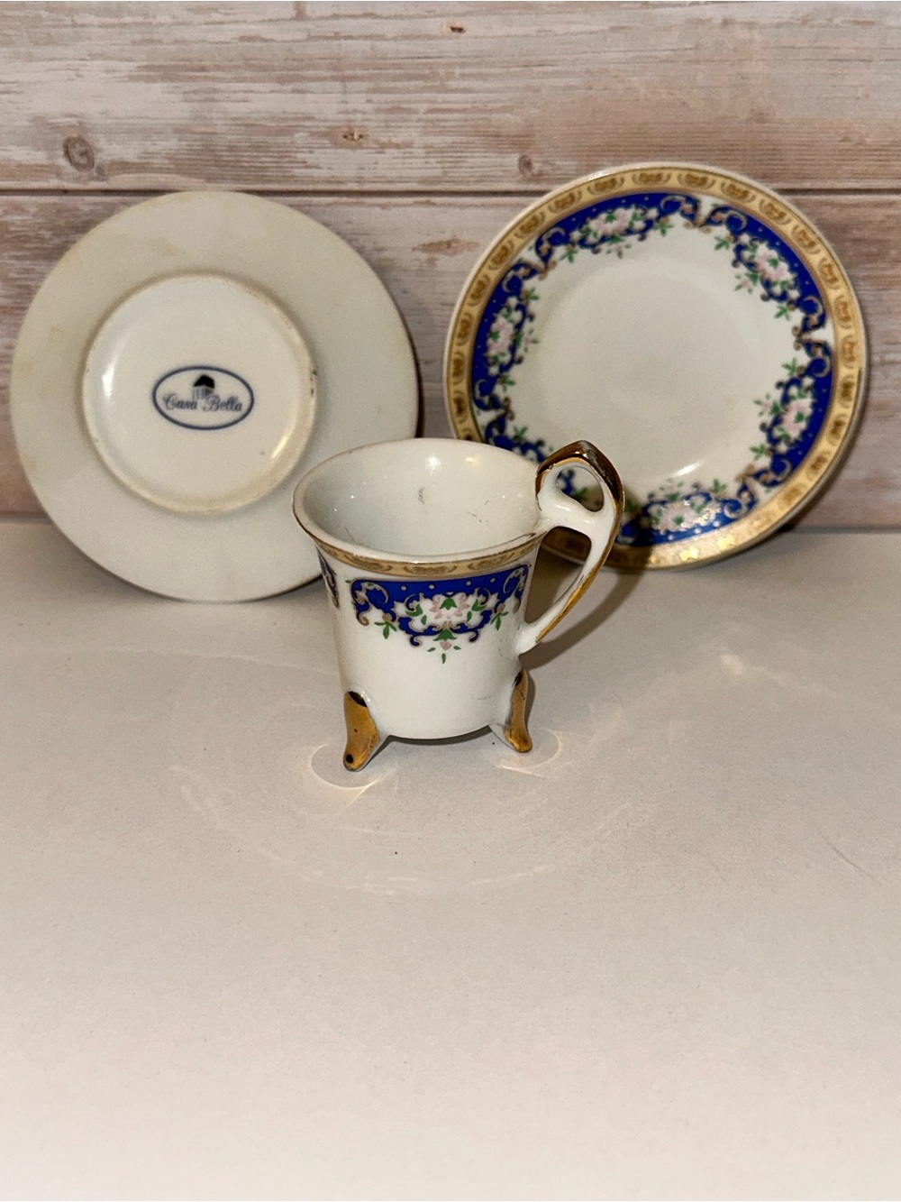 White and Blue Gold-Trim Porcelain Demitasse Cup and Saucers